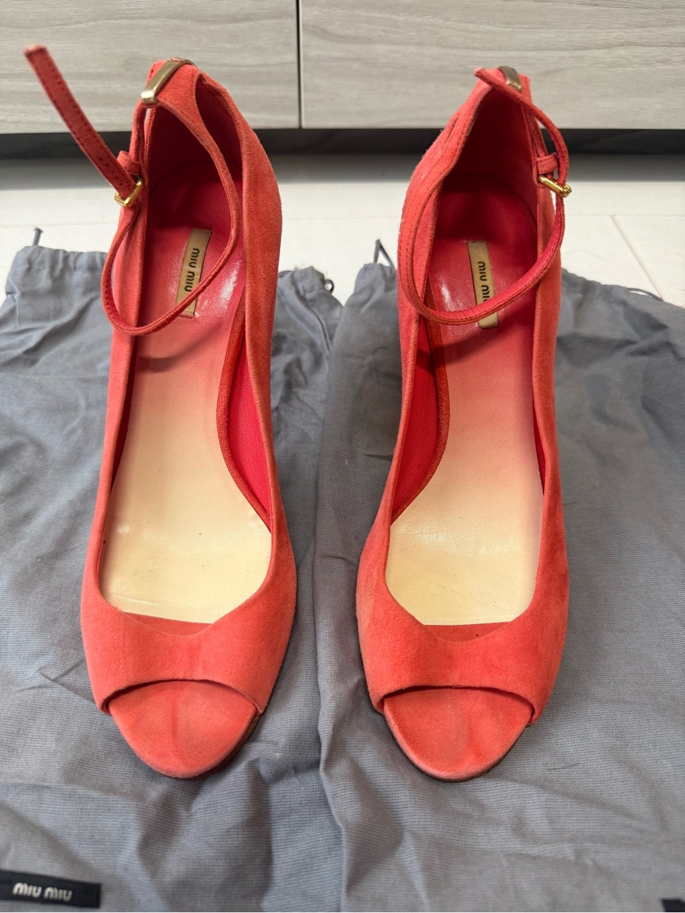 Miu Miu Coral Suede Peep-Toe Ankle Strap Heels